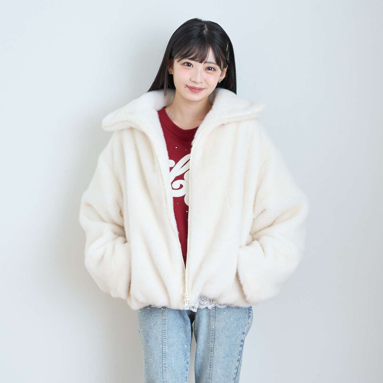 Double Zipper Faux Fur Bomber Jacket,Off white, large image number 3