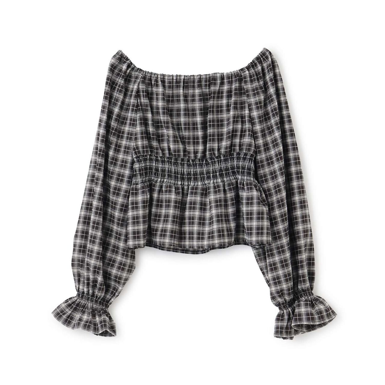 Checkered Off-Shoulder Blouse,Off white, large image number 7