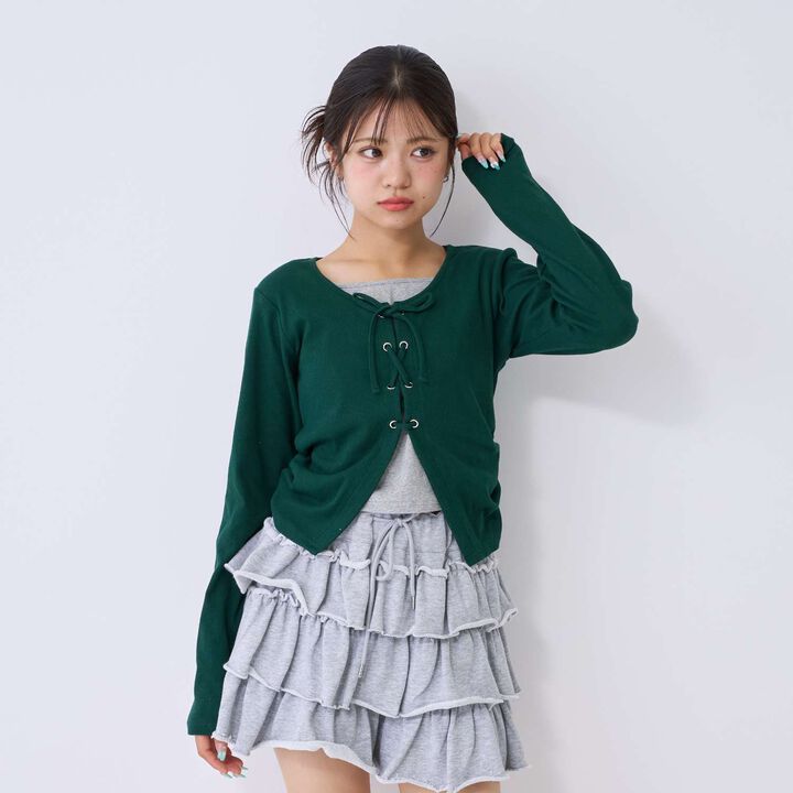 [Antibacterial Deodorizing] Lace-Up Ribbed Long-Sleeve T-Shirt,Green, medium image number 0