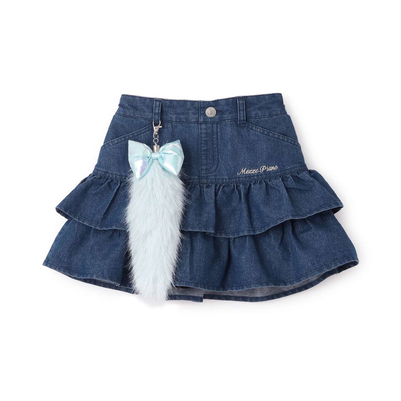 Lame Denim Tiered Skirt with Tail Charm,Navy, large image number 0
