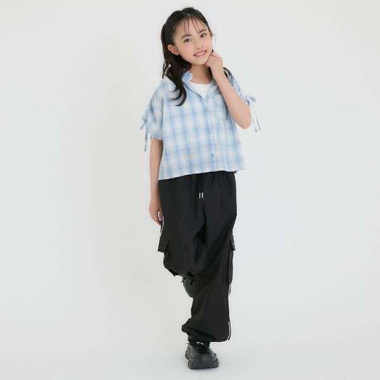 [3WAY] Checkered Shirt with Sleeve Drawstring + Tank Top Set,Black, large image number 20