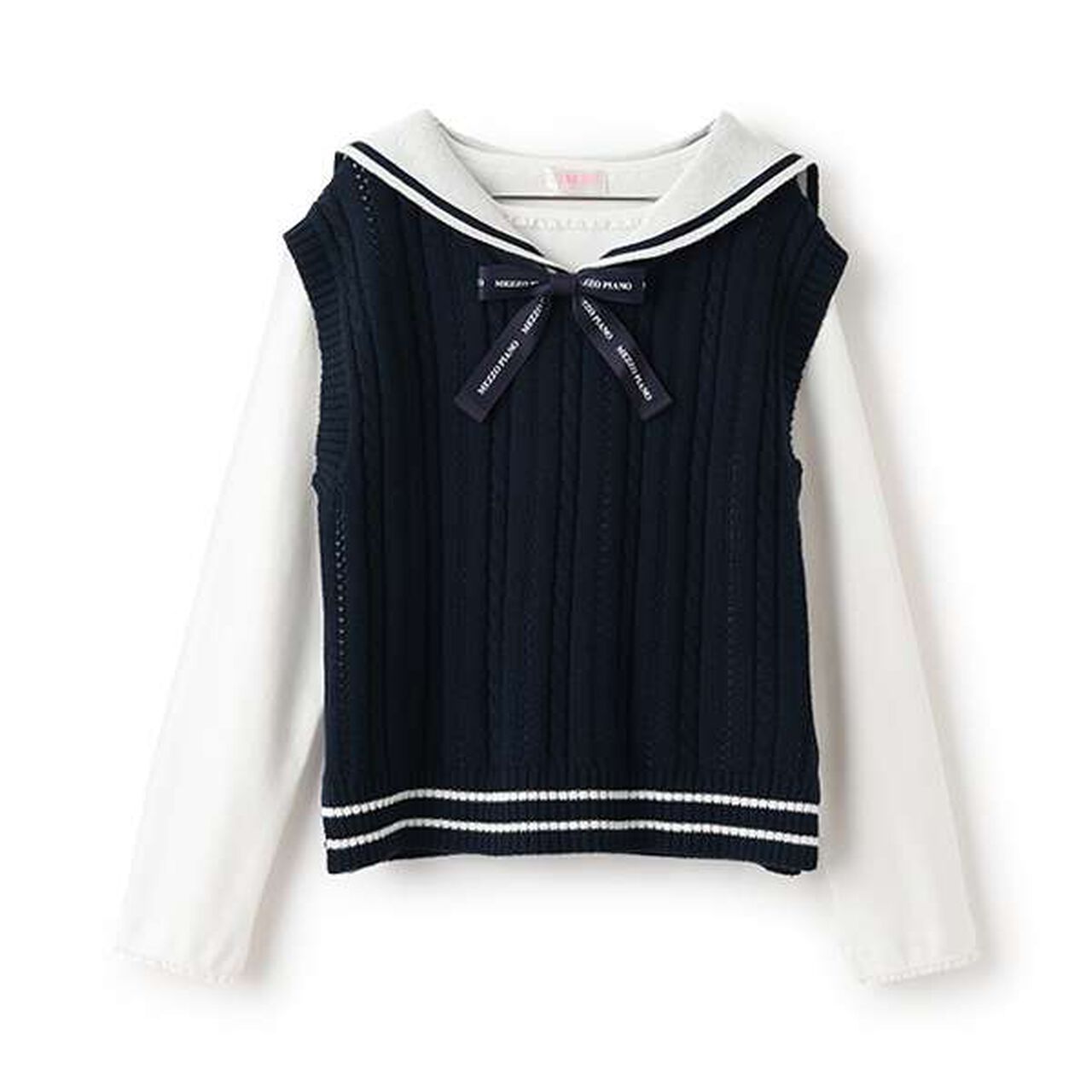 Sailor Collar Knit Vest & Long-Sleeve Tee Set,Off white, large image number 13