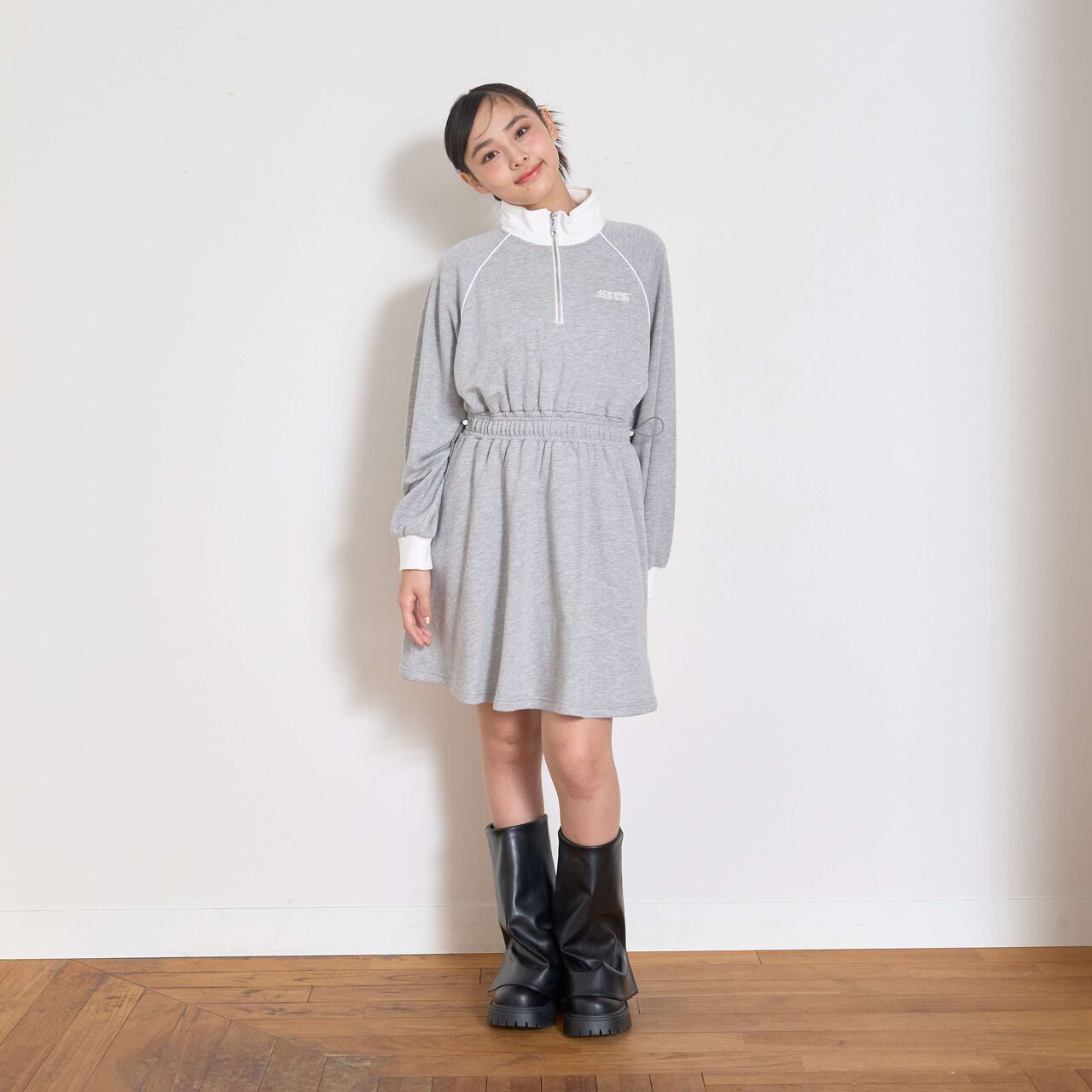 Long-Sleeve Track One-Piece Dress,Black, large image number 13