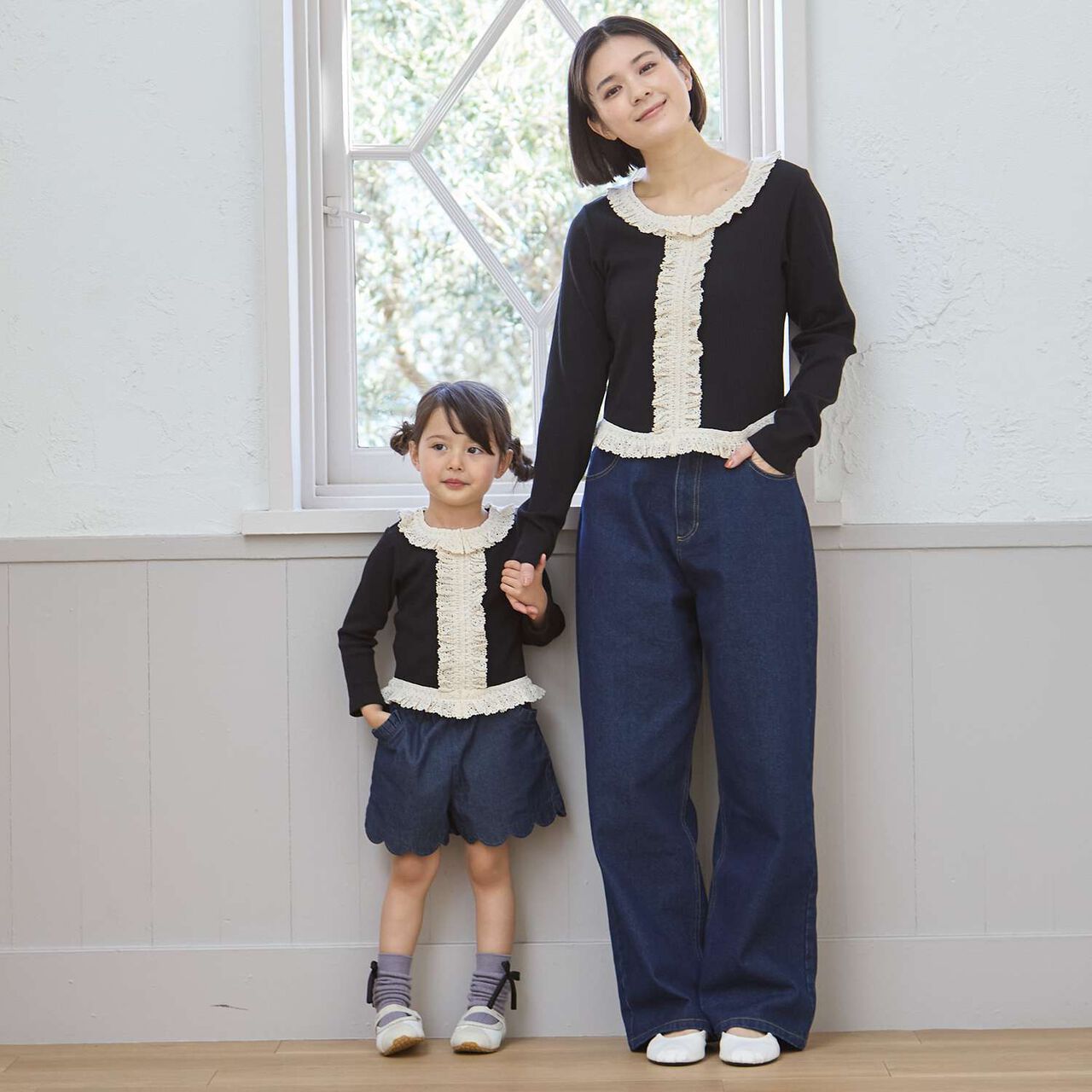 Parent-Child Matching Lace Frill Ribbed Long-Sleeve T-Shirt,Black, large image number 3