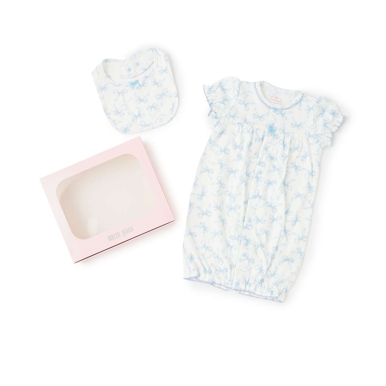 [Box Included] Ribbon Pattern Short-Sleeve 2-Way All-in-One & Bib Set,Sax blue, large image number 0