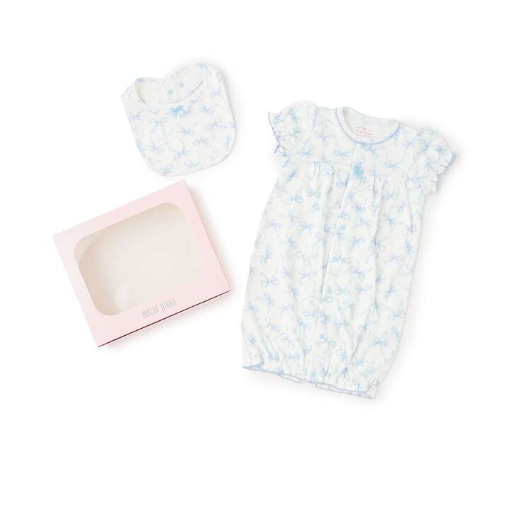 [Box Included] Ribbon Pattern Short-Sleeve 2-Way All-in-One & Bib Set,Sax blue, medium image number 0