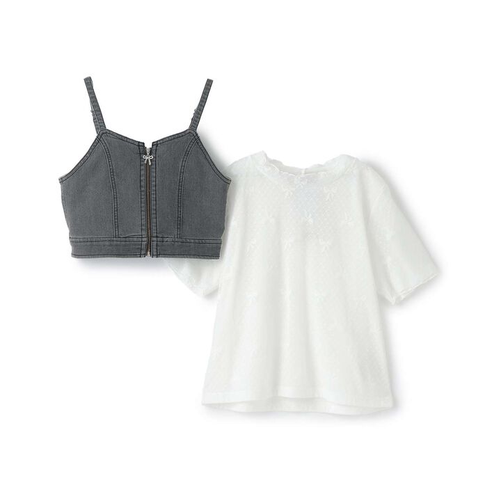 [Restocked] Denim Bustier & Lace Short Sleeve T-Shirt Set,Light blue, medium image number 2