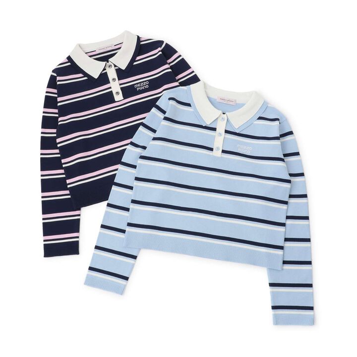 Stripe Pattern Polo Knitwear,Sax blue, medium image number 6