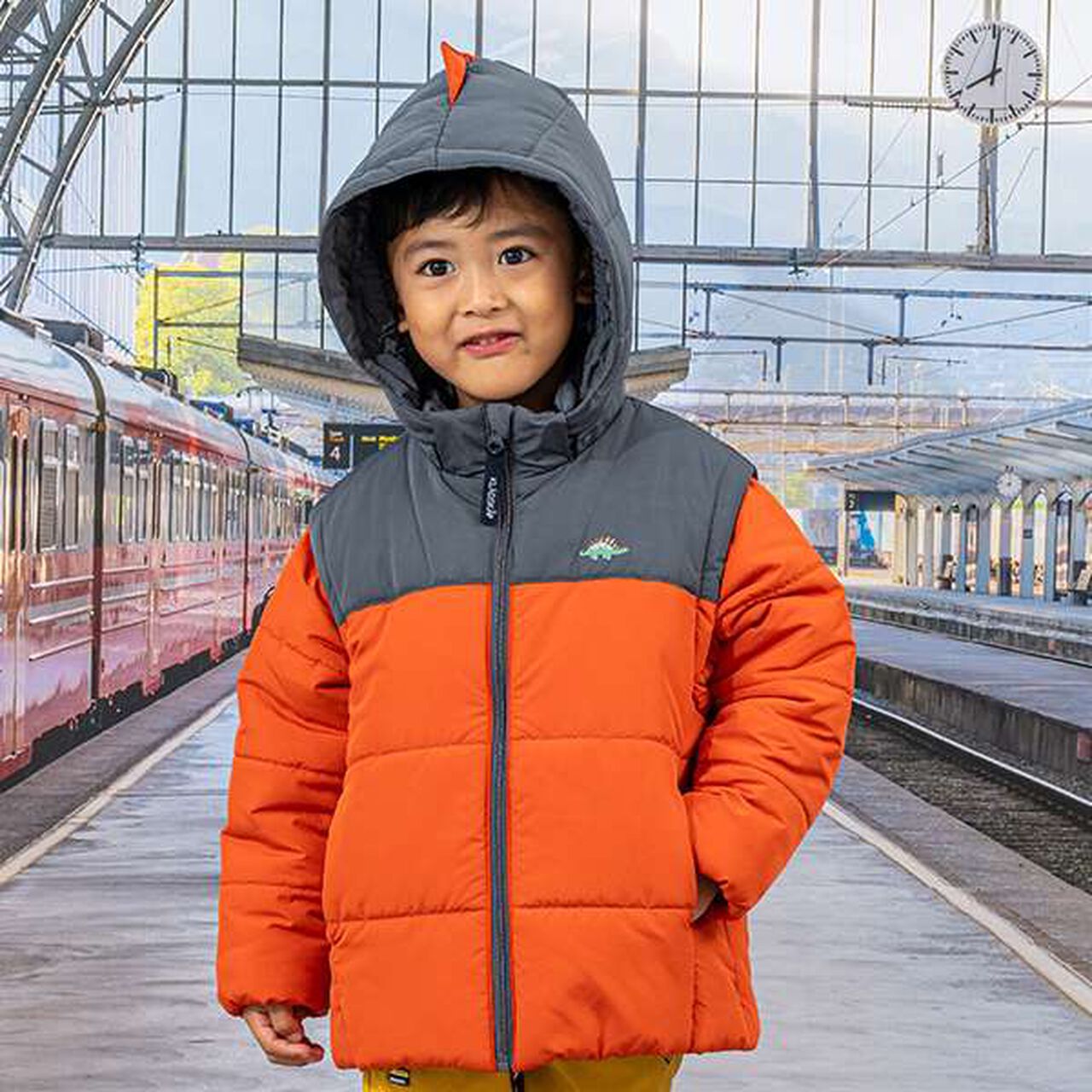 Dinosaur 3-Way Puffer Jacket,Orange, large image number 0