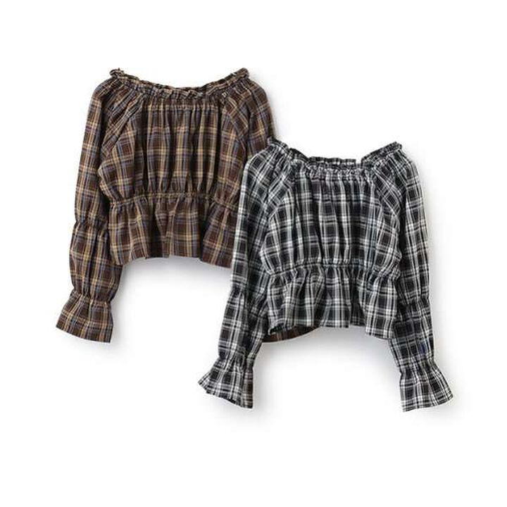 Checked Off-Shoulder Blouse,Brown, medium image number 8