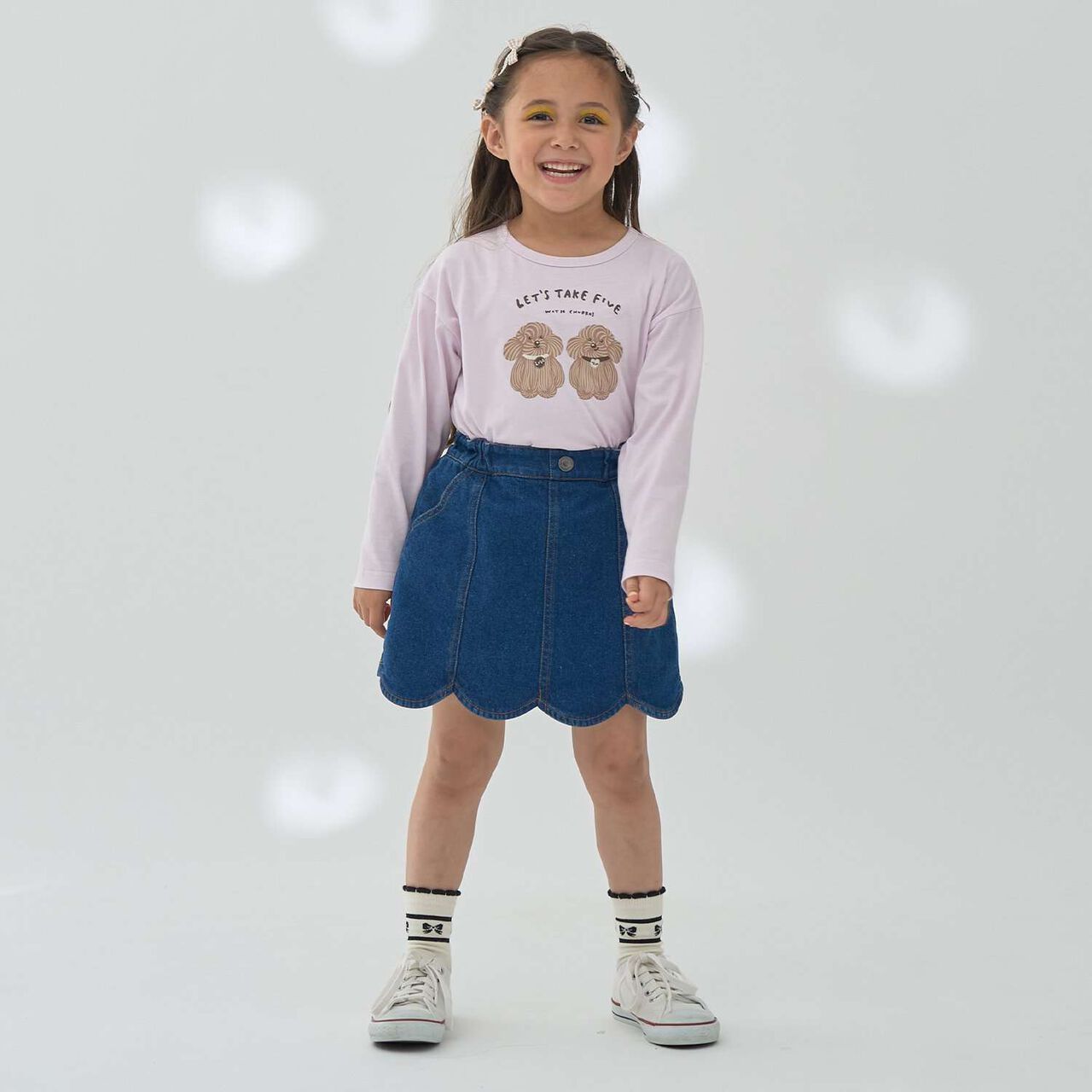 Stretch Denim Scallop Trim Skirt with Shorts,Sax blue, large image number 21