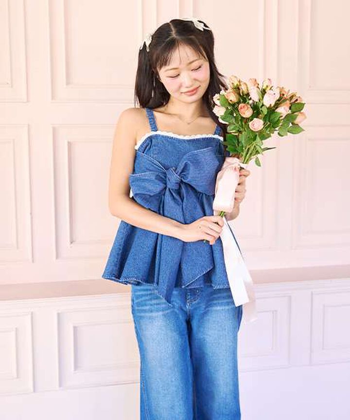 Denim Ribbon Bustier,Deep blue, medium image number 4