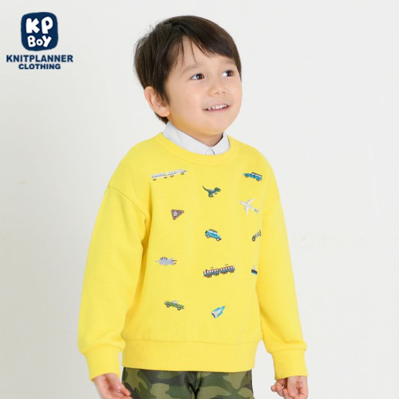 KPBOY Vehicle Dinosaur Embroidered Fleece Sweatshirt (80-150),Yellow, large image number 0