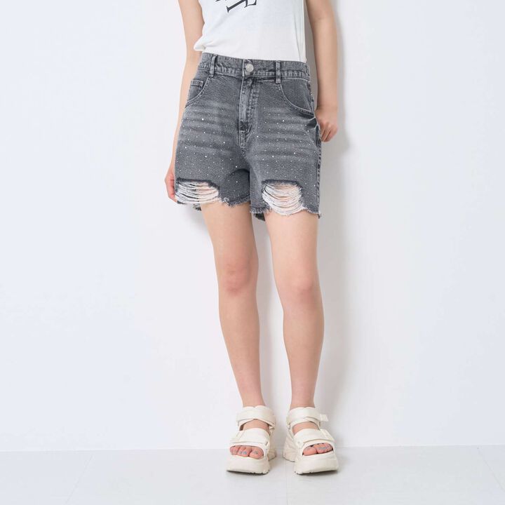 [LTXC / Cool Touch] Sparkling Distressed Denim Shorts,Blue, medium image number 3