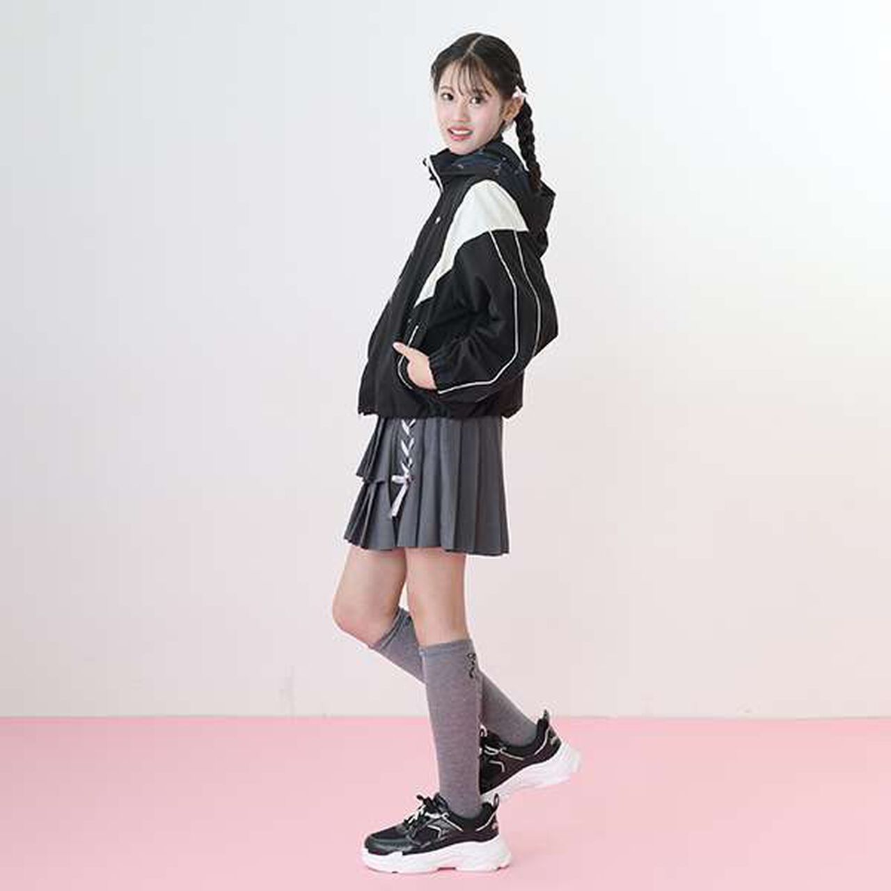 Lace-Up Ribbon Double Layer Pleated Skirt-Pants,Gray, large image number 18