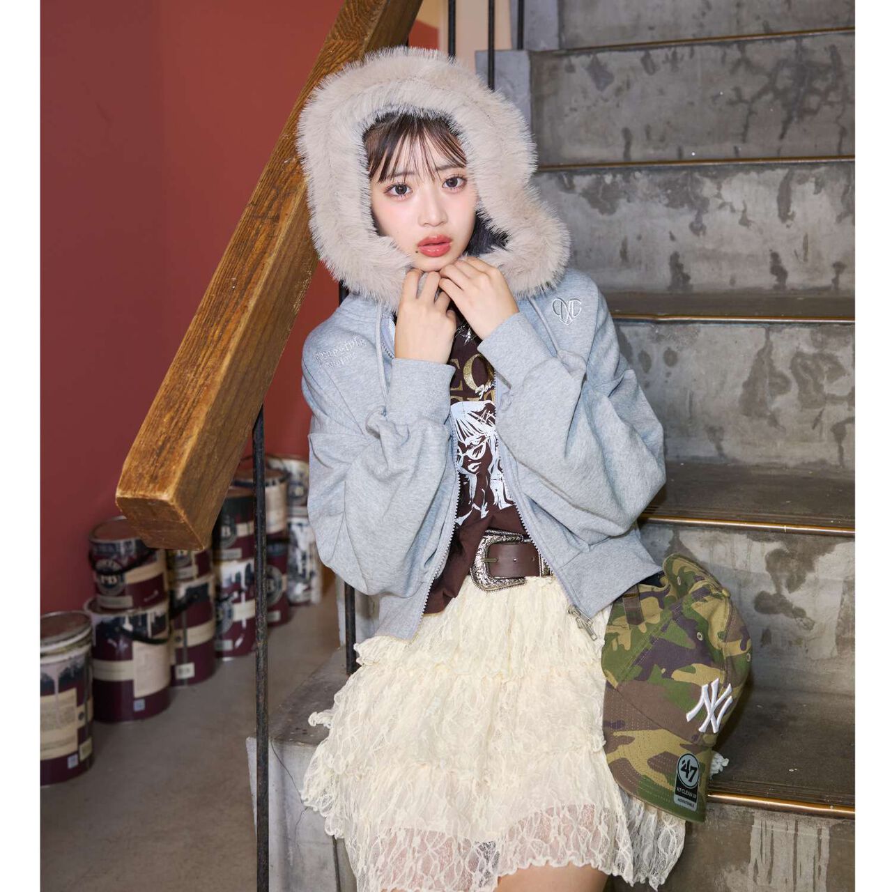 [LTXC] Fur-Trimmed Zip Hoodie,Khaki, large image number 1