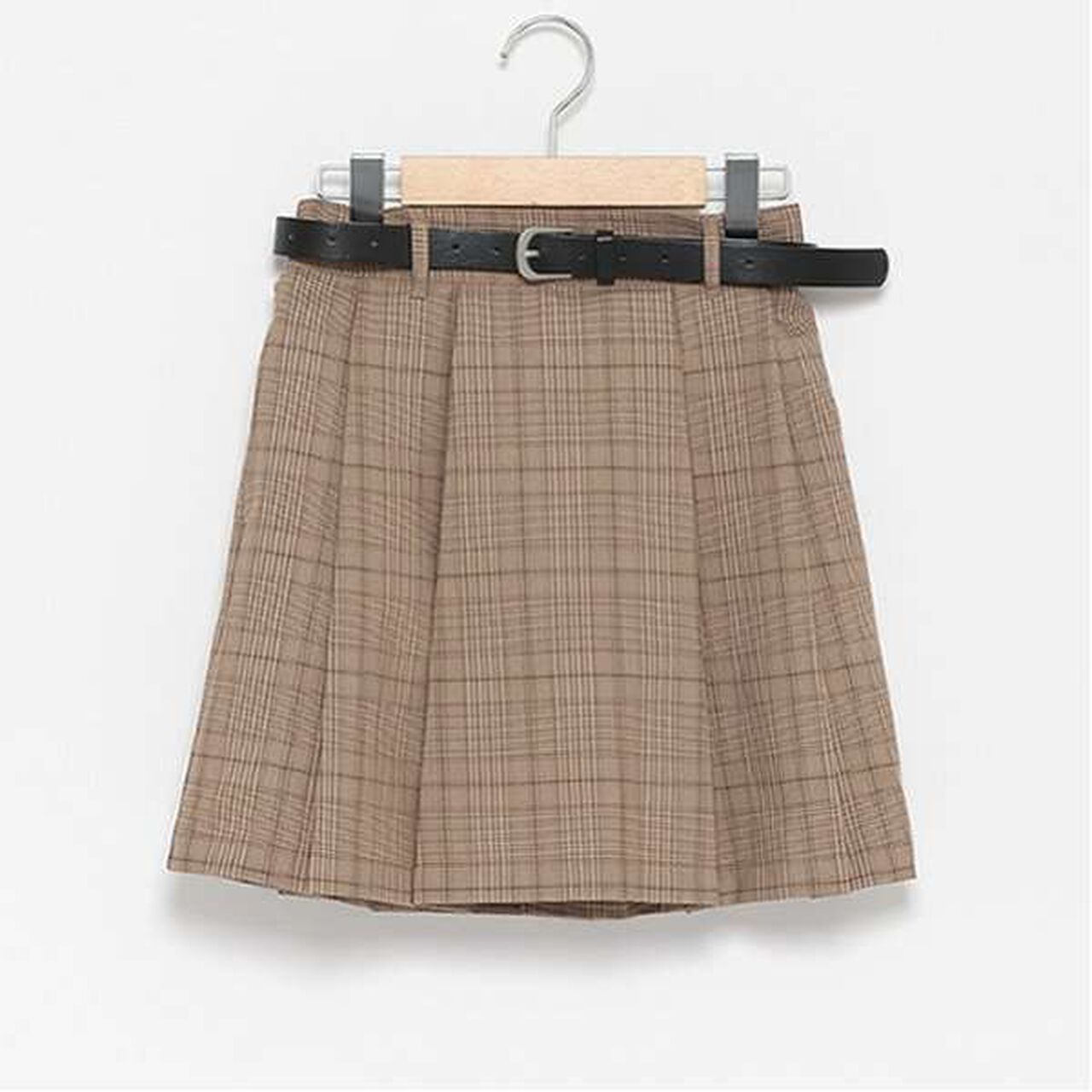 Belted Check Pleated Skirt-Pants,Brown, large image number 8