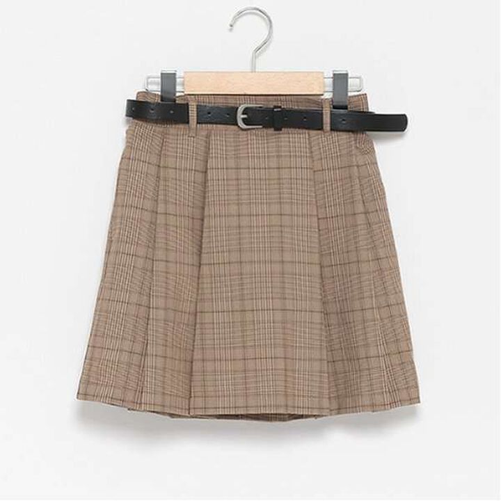 Belted Check Pleated Skirt-Pants,Brown, medium image number 8