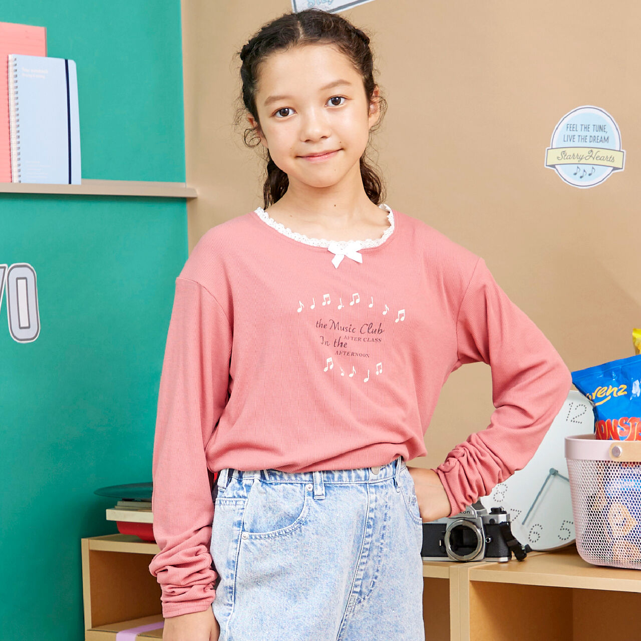 [Three Rabbits] Lace-Collared Ribbed Long-Sleeve T-Shirt,Navy, large image number 8