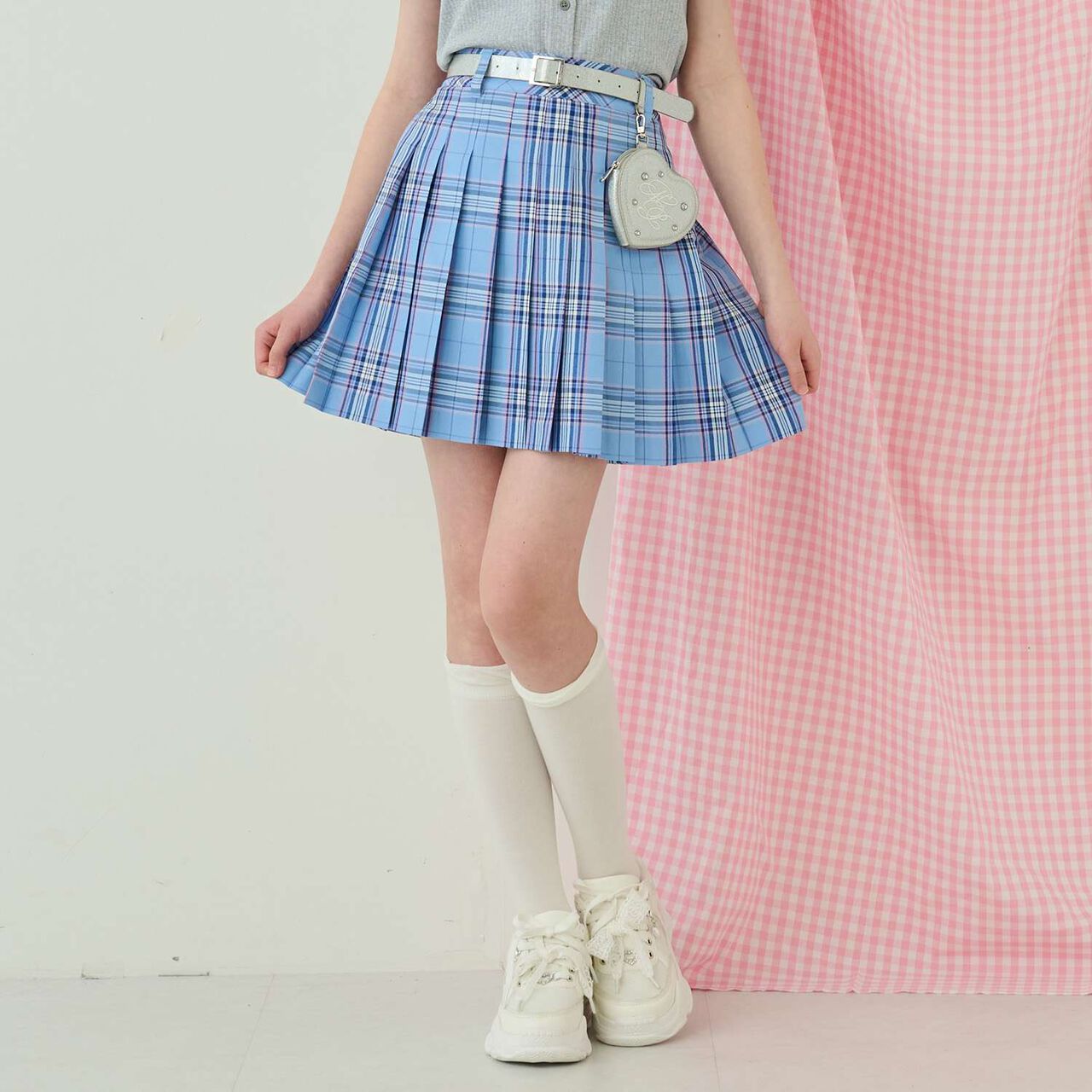 Lame Pleated Skirt with Belt,Sax blue, large image number 0