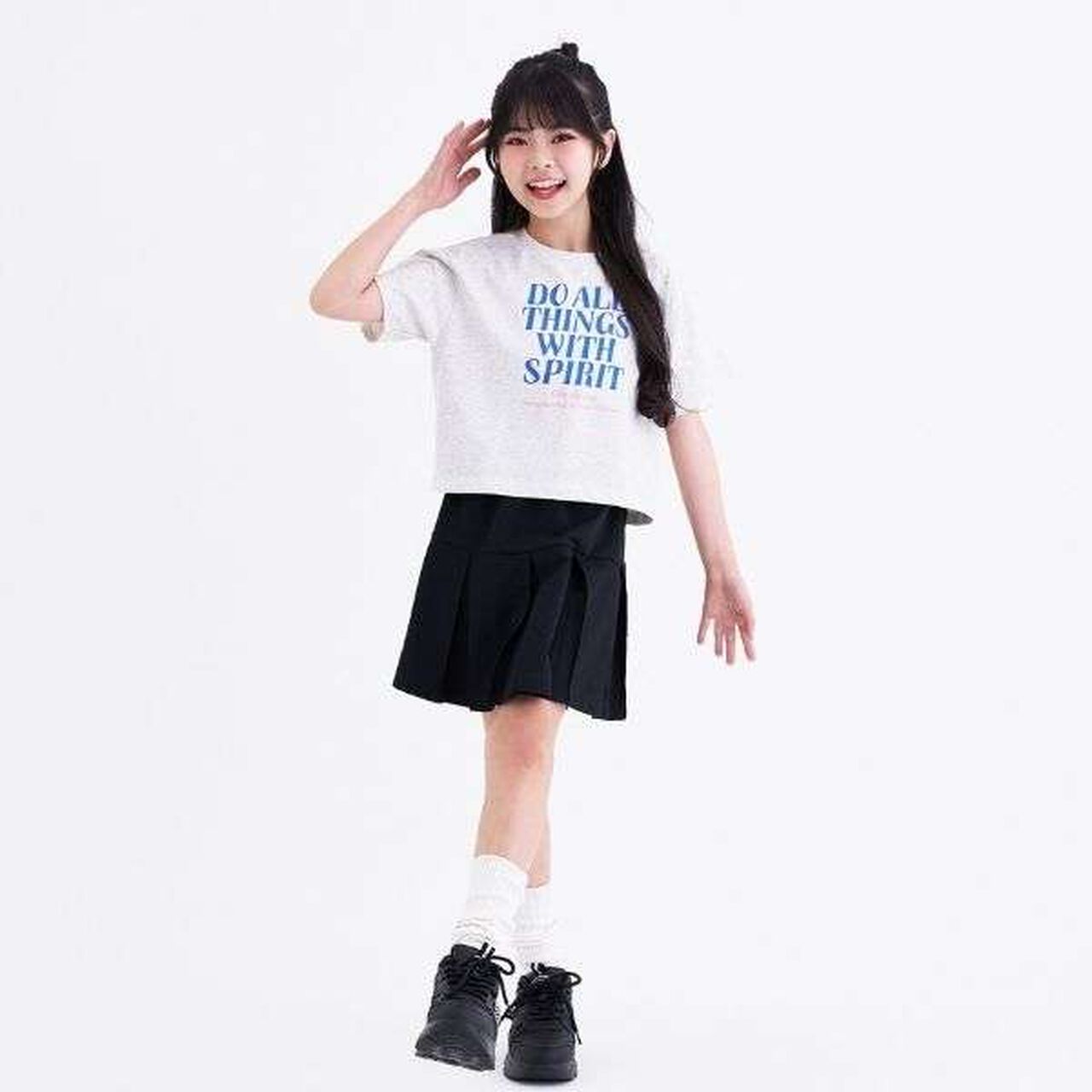 [3way Cool Touch] Logo Short-Sleeve T-Shirt & Pleated Skirt Outfit Set,Smoke white, large image number 5
