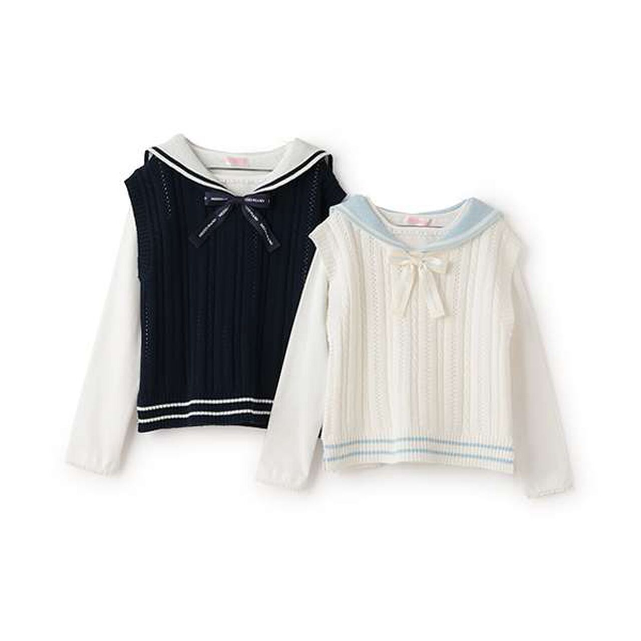 Sailor Collar Knit Vest & Long-Sleeve Tee Set,Off white, large image number 3