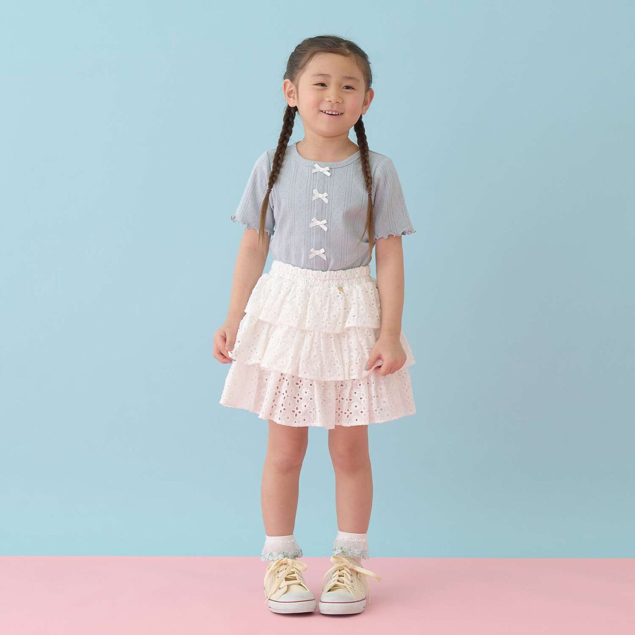 [100% Cotton] Cotton Lace Tiered Skirt with Inner Shorts [Kids Girls],Pearl white, large image number 10