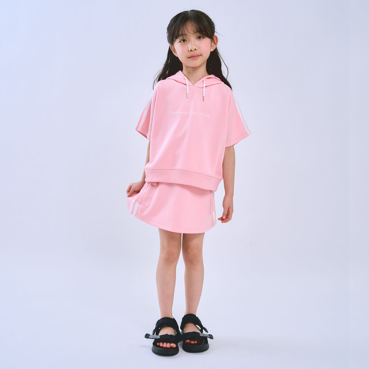[Cool Touch] Striped Short-Sleeve Hoodie Outfit Set,Red, large image number 0