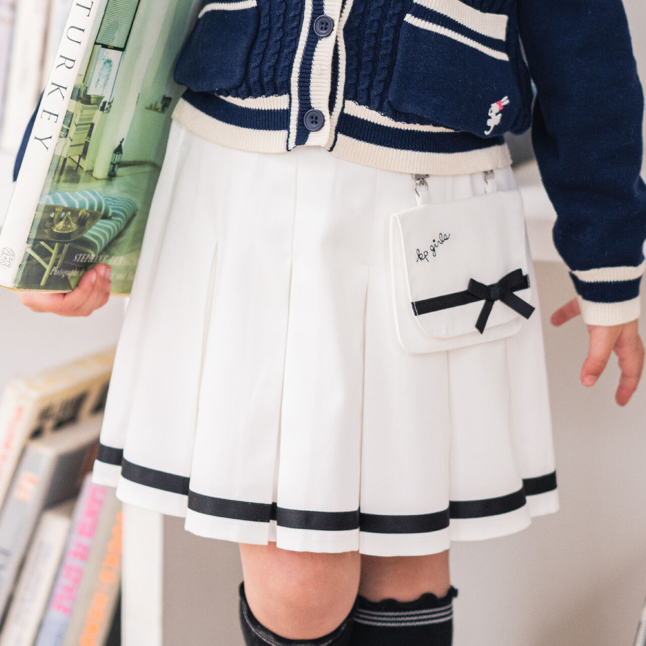 Pleated Skirt-Pants with Detachable Pocket,Navy, large image number 15