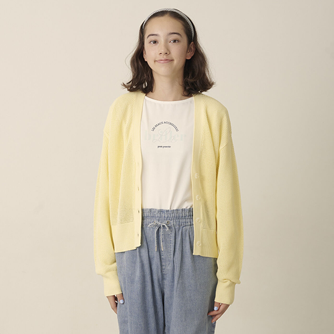 Mesh Knit Cardigan and Long Sleeve T-Shirt Set,Cream, large image number 7
