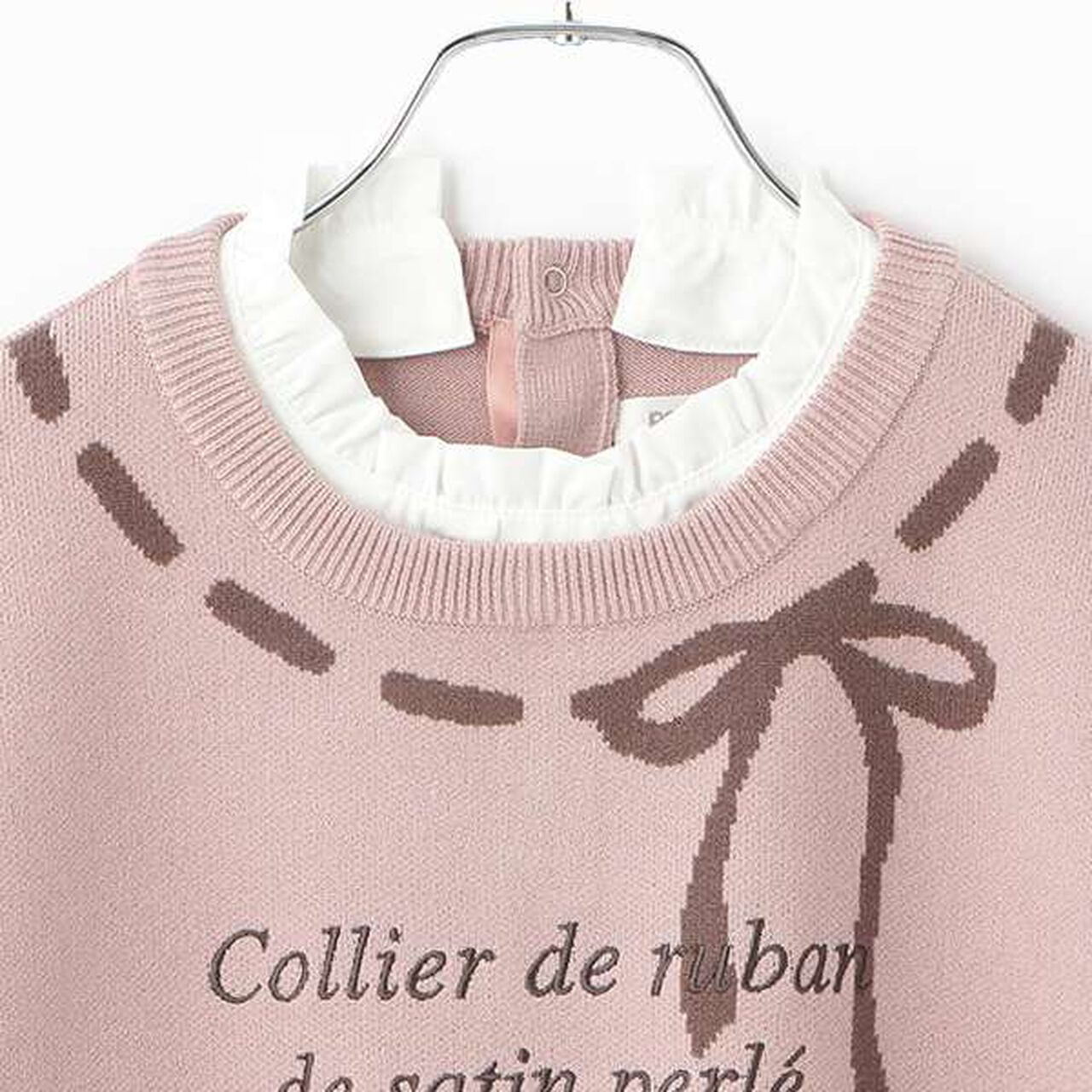 Ribbon Jacquard Frill Collar Knitwear,Pink, large image number 5