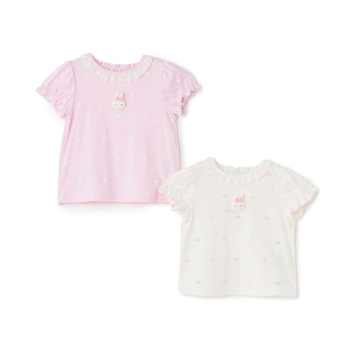 Short Sleeve T-Shirt with Rabbit Mascot and Ribbon Pattern,Off white, medium image number 8