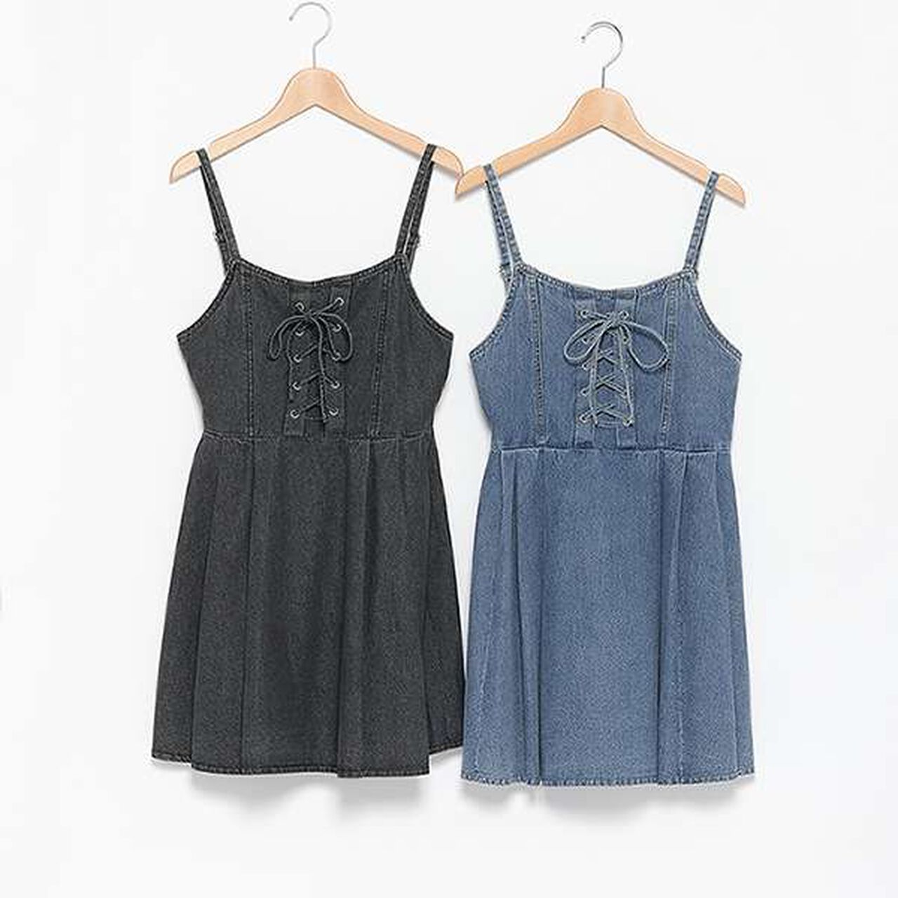 Lace-Up Denim Jumper Dress,Blue, large image number 9