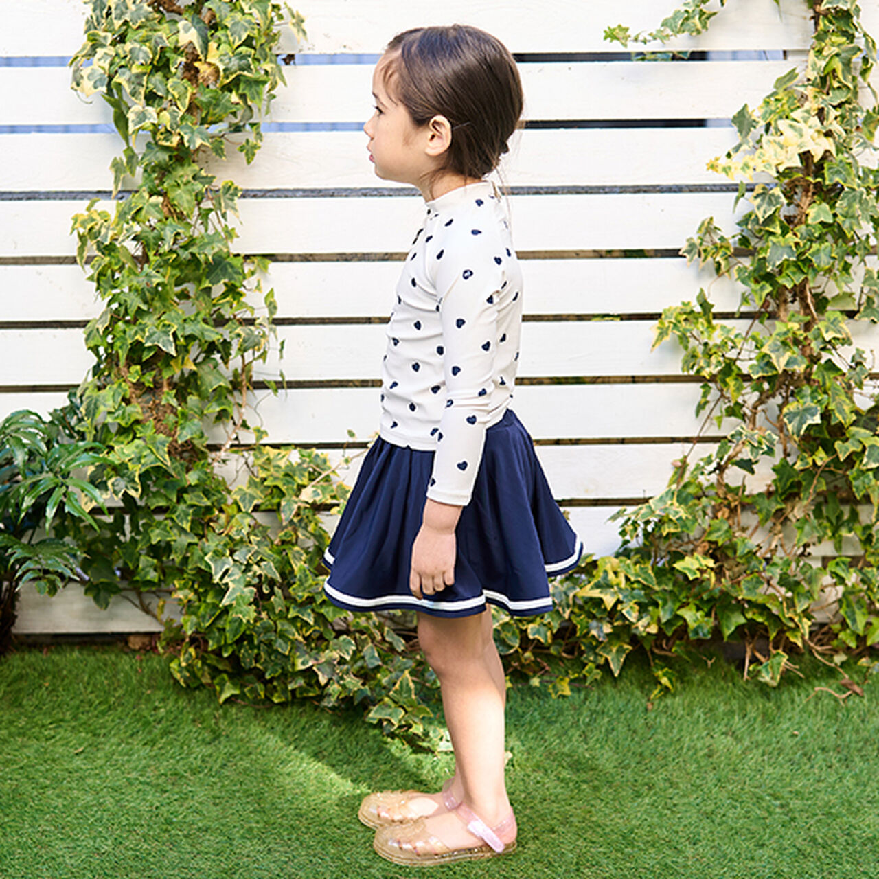 [SWIM] [UV Processing] Heart Pattern Rash Guard & Pleated Skirt Set,Ivory, large image number 17