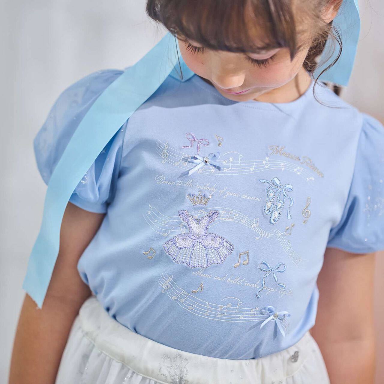 Ballet & Music Note Puff Sleeve T-Shirt,Lavender, large image number 1