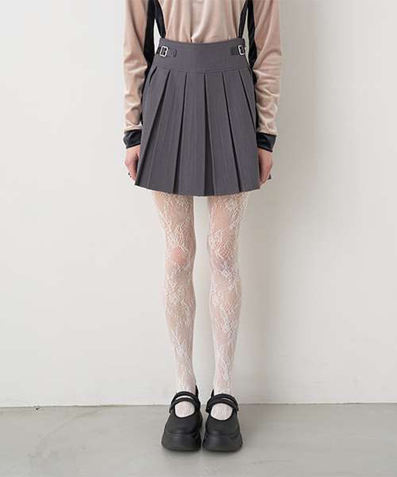 Quilted Belt Pleated Skirt,Light gray, large image number 19