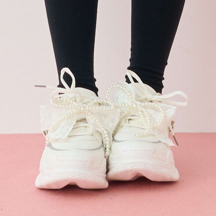 Pearl Lace Ribbon Dad Sneakers,Black, medium image number 2