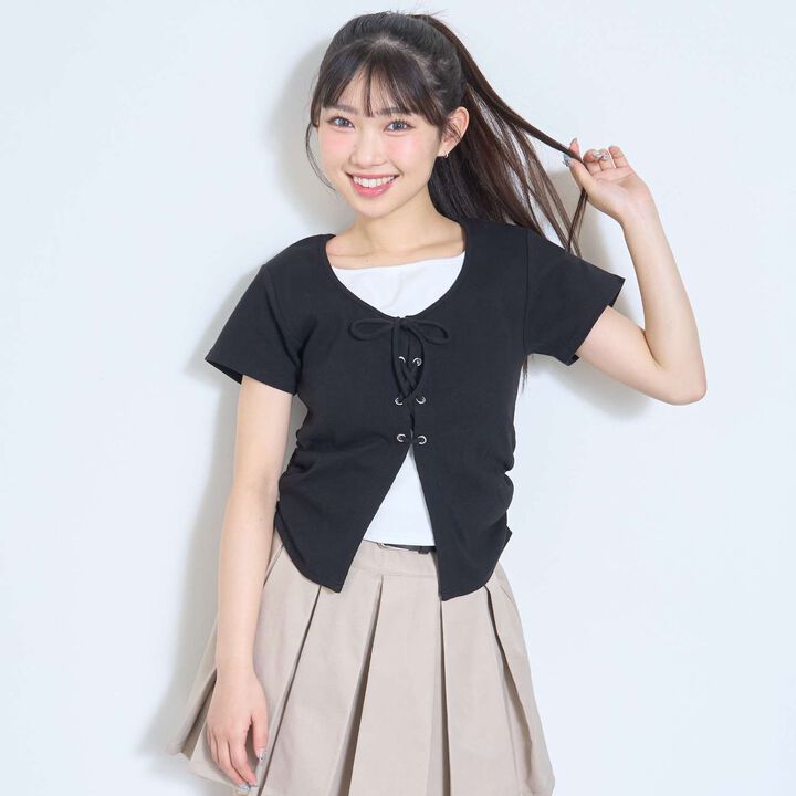 Lace-Up Ribbed Short-Sleeve T-Shirt,Top gray, medium image number 6