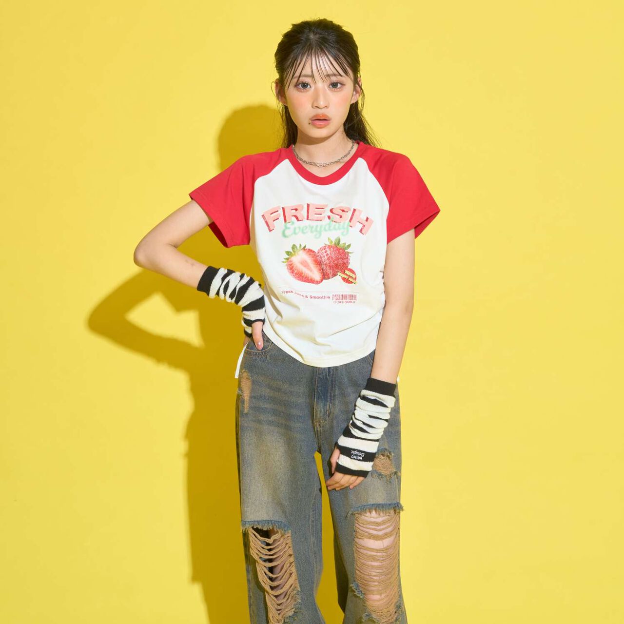 [GOKUGOKU] Multi-Function Shirred Crop Raglan Short-Sleeve T-Shirt,Orange, large image number 4