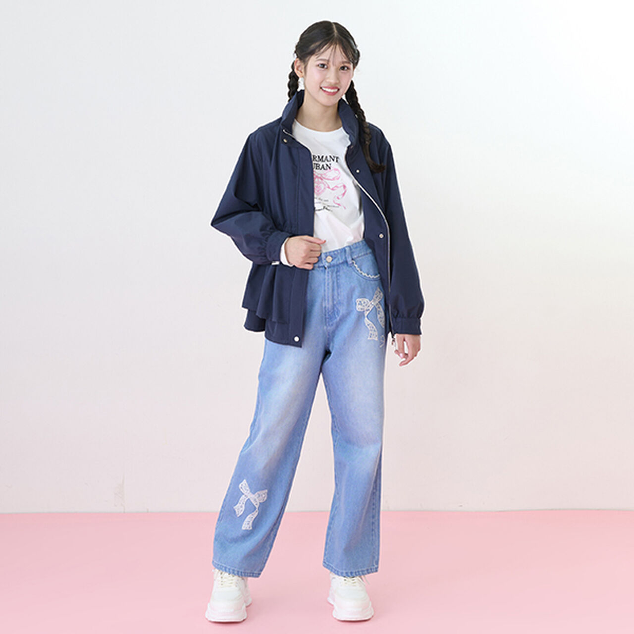 Lace Appliqué Slim Fit Loose Straight Denim Pants,Light blue, large image number 17