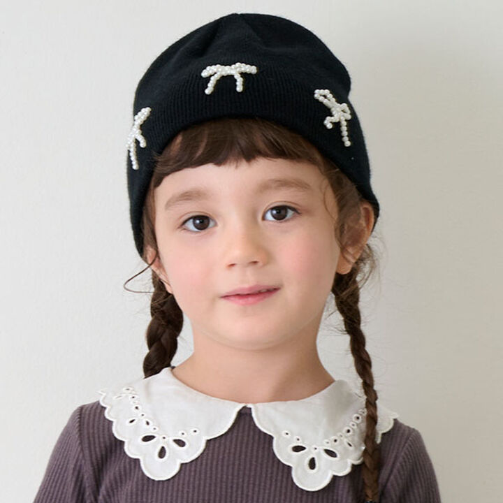 Knit Cap with Pearl Ribbon,Black, medium image number 0