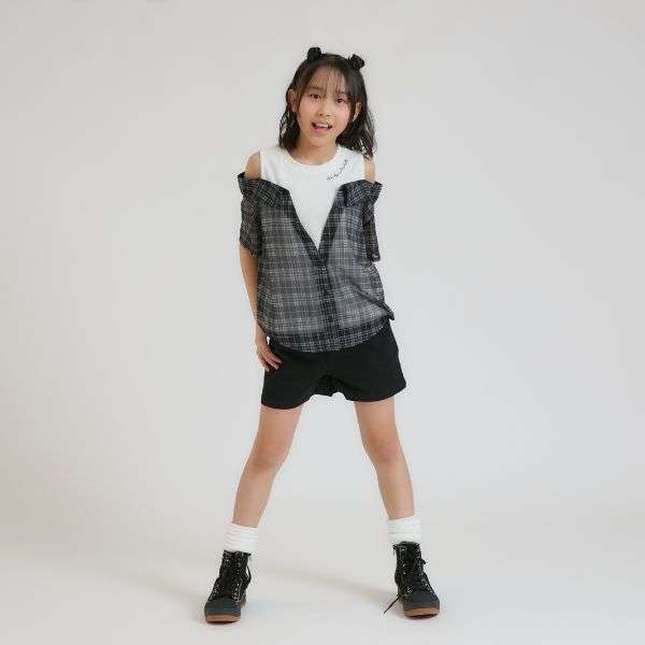 Shoulder Cutout Sheer Check Docking Shirt,Off white, large image number 12