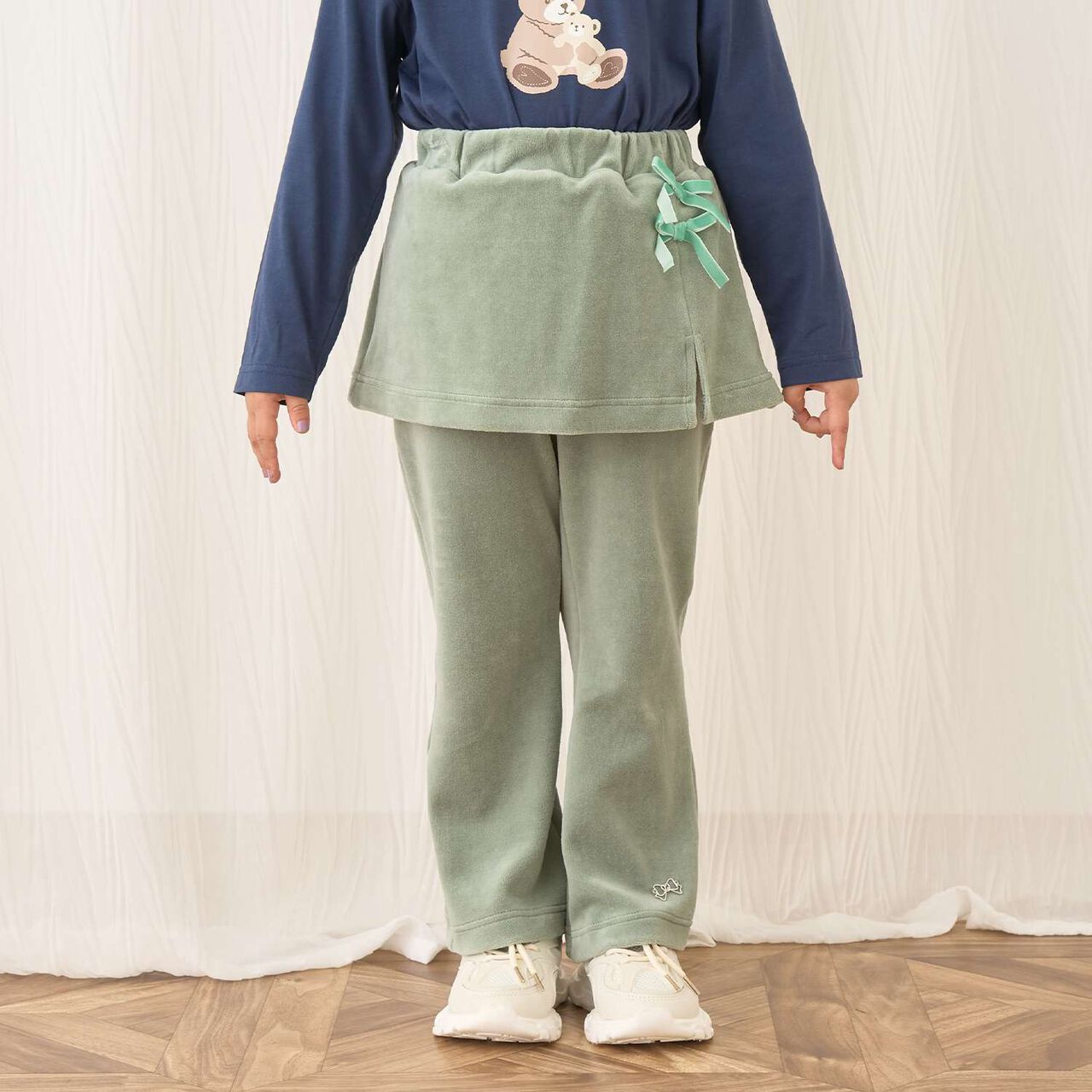 Plush Velour Coordinatable Setup Flared Pants with Skirt,Emerald green, large image number 0