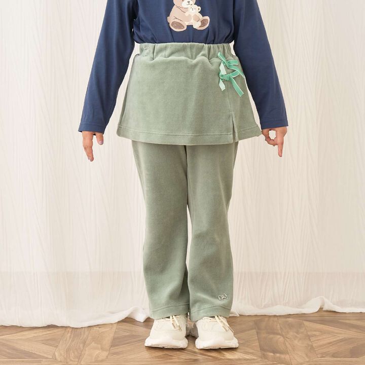 Plush Velour Coordinatable Setup Flared Pants with Skirt,Emerald green, medium image number 0