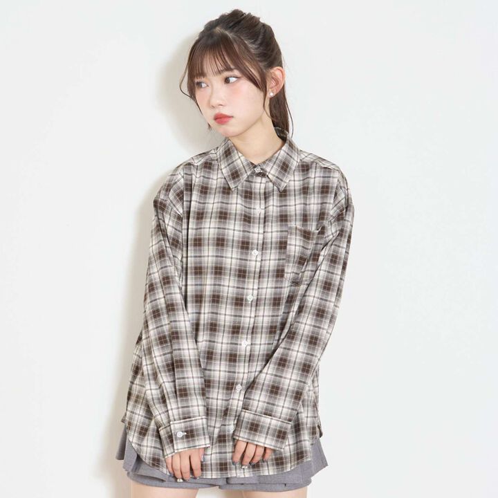 Loose Checkered Shirt,Brown, medium image number 1