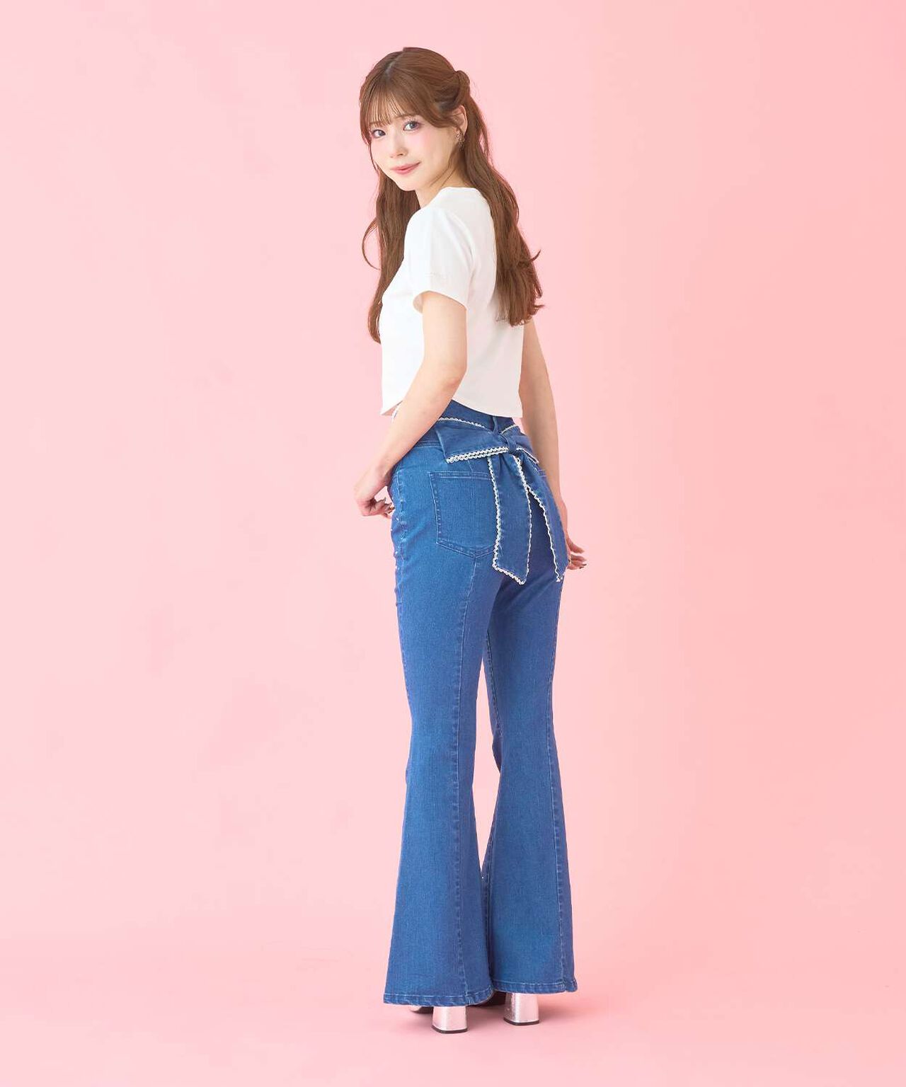 Back Ribbon Stone Flare Denim Pants,Light blue, large image number 4
