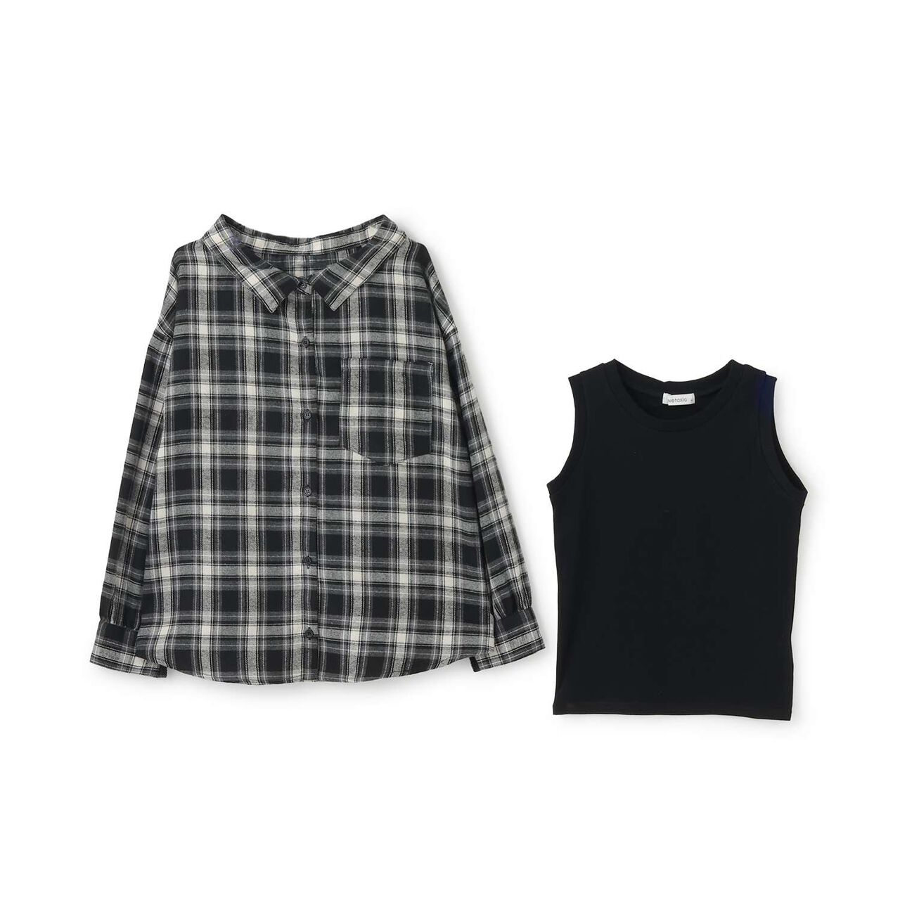 2 WAY Long-Sleeve Checkered Shirt Set,Black, large image number 7