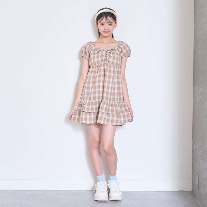 Gathered Checkered Tunic Dress,Orange, medium image number 2