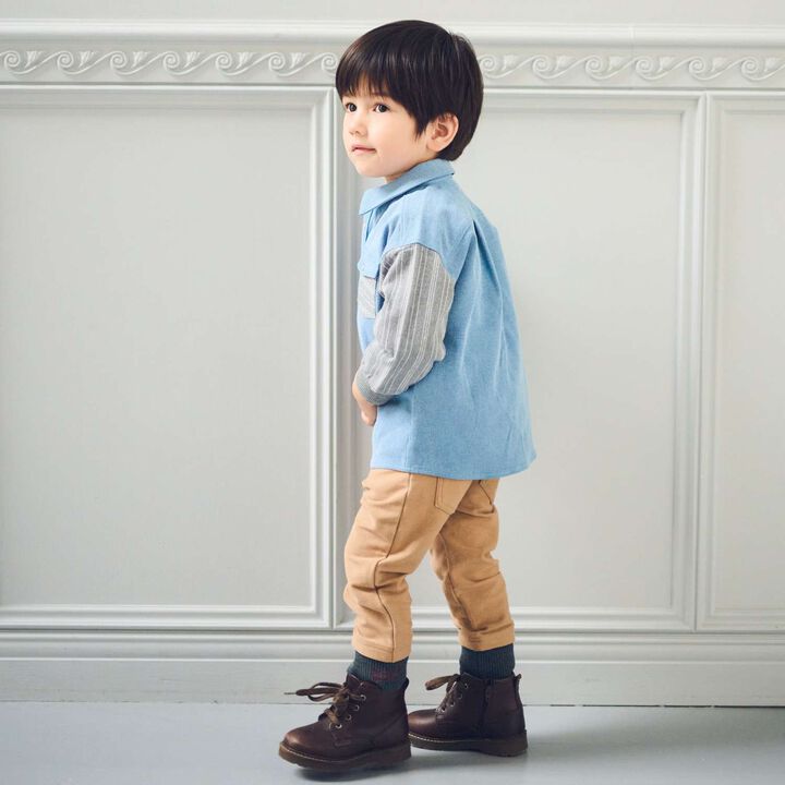 Striped Sleeve Denim Shirt,Navy, medium image number 1