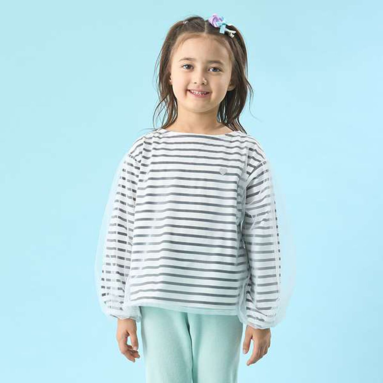 Soft Cotton Tulle Layered Stripe Boat Neck T-Shirt,Blue, large image number 28